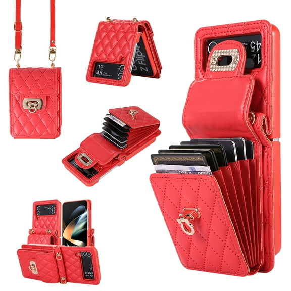Wallet Case Designed for Samsung Z Flip 4, with 6 Card Holder Slots RFID Blocking Shoulder Wallet Case Crossbody Strap Shockproof Leather Kickstand Phone Casefor Samsung Galaxy Z Flip 4, Red