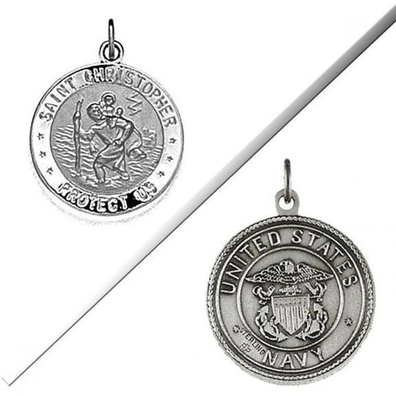 Saint Christopher Double Sided US Navy Religious Medal - 2/3 Wide inch x 2/3 inch Tall - Sterling Silver