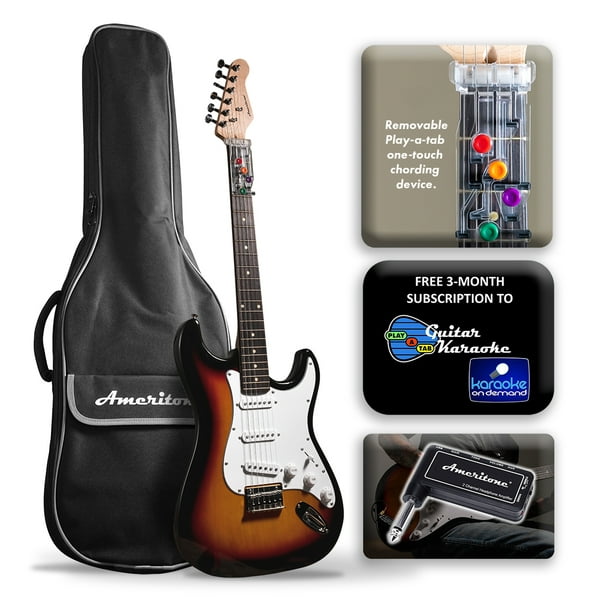 Ameritone “Learn to Play” Double Cutaway Tobacco Sunburst Electric Guitar with Play-A-Tab Chord Former, Headphone Amp, Gig Bag and 3-Month Lesson…