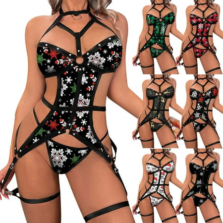 

Valentine s Day Deals! SuoKom Lingerie for Women Women Christmas Print Lingerie Bra+Garter+Briefs Set Babydoll Cut-Out Sleepwear Valentine s Day Gifts for Women on Clearance Black S