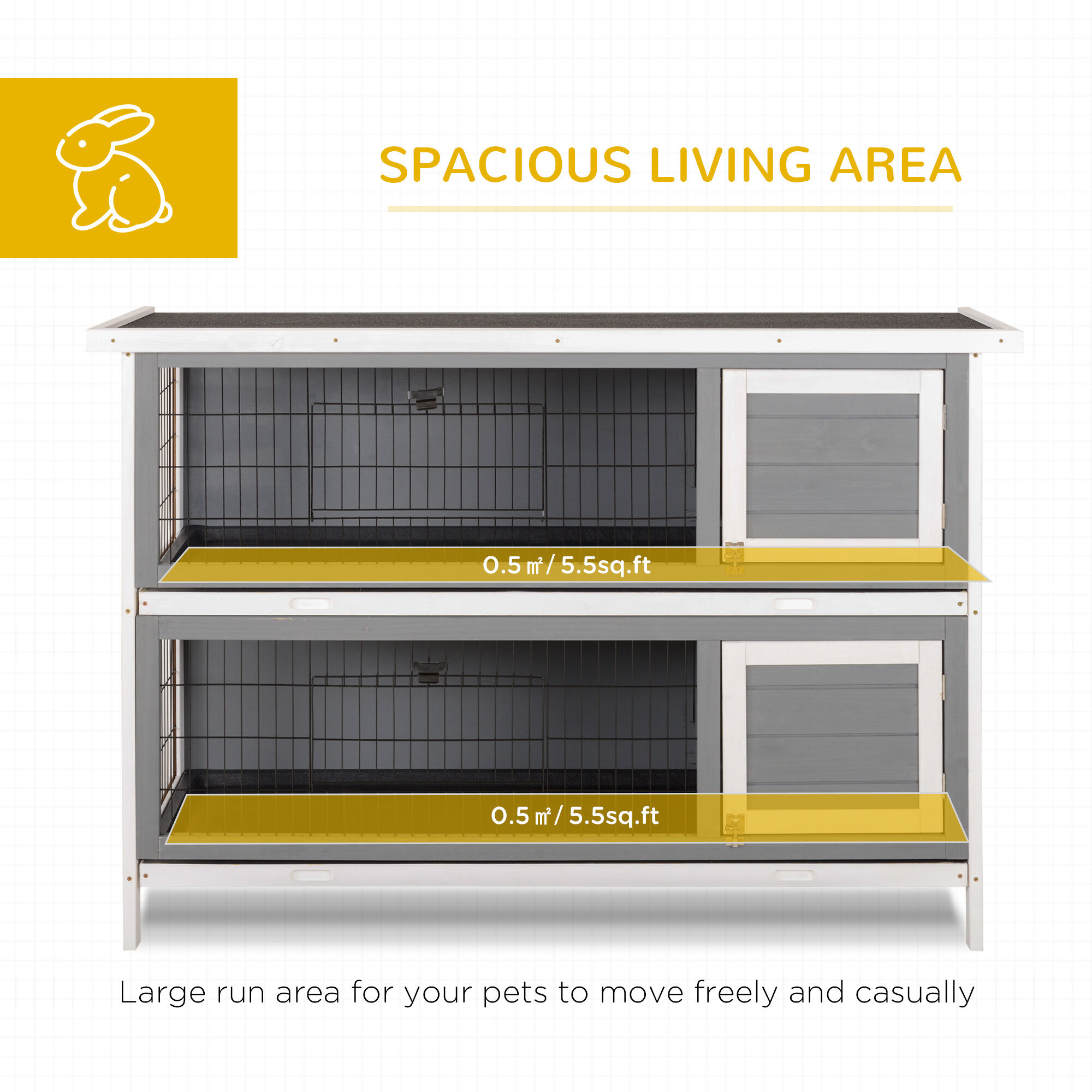 54" 2-Story Rabbit Hutch with Waterproof Roof, Large Outdoor/Indoor Bunny Cage with Lockable Doors & No-Leak Tray - Dark Grey Wooden Pet House
