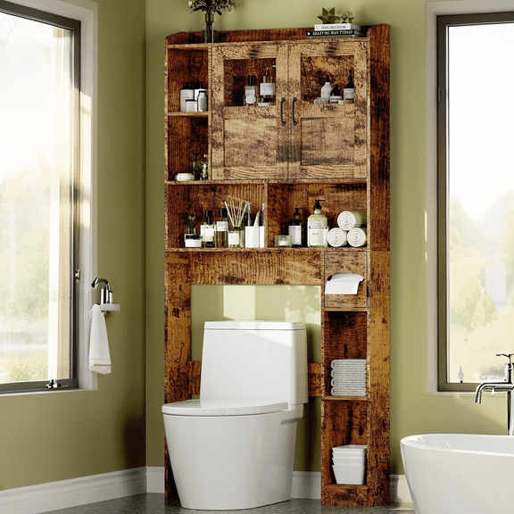 Accreate 67.4” Over Toilet Storage Cabinet with Adjustable Shelves & Glass Door, Freestanding Bathroom Organizer, Wood Above Toilet Storage for Small Bathrooms, Laundry Rooms