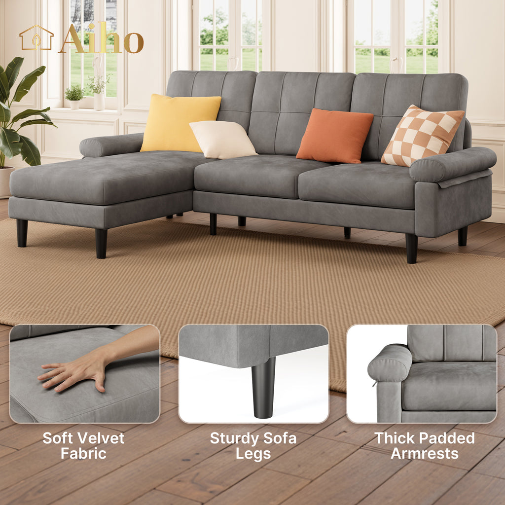 Aiho 82" L Modern Sofa, L-shaped Sofa with 3 Comfortable Pillows for Living Room, Apartment, Studio, Office - Dark Grey
