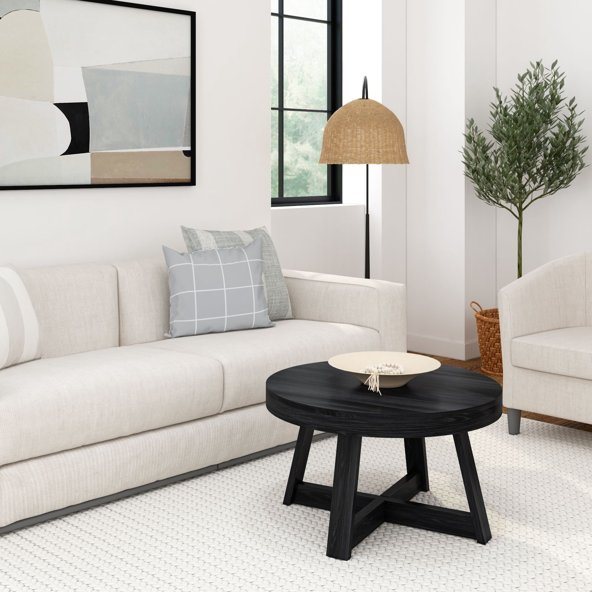 Plank+Beam Classic Solid Wood Round Coffee Table, 30" Farmhouse Table for Living Room