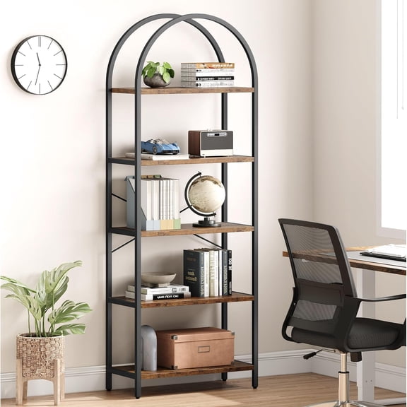 5-Tier Arched Bookshelf, Tall Open Bookcase Display Shelf with Metal Frame, Anti-Tip Kit for Living Room, Bedroom, Home Office