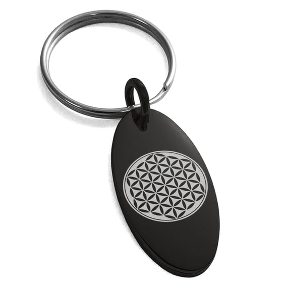 Stainless Steel Flower of Life Engraved Small Oval Charm Keychain Keyring