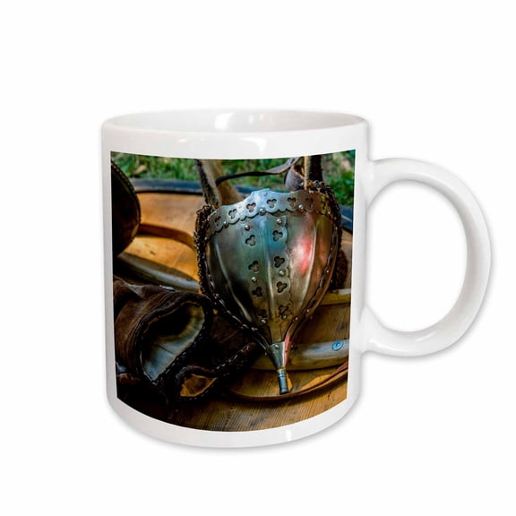 3drose, Ancient Metal War Helmet, Leather Gloves on a Wooden Shield, 11oz Mug