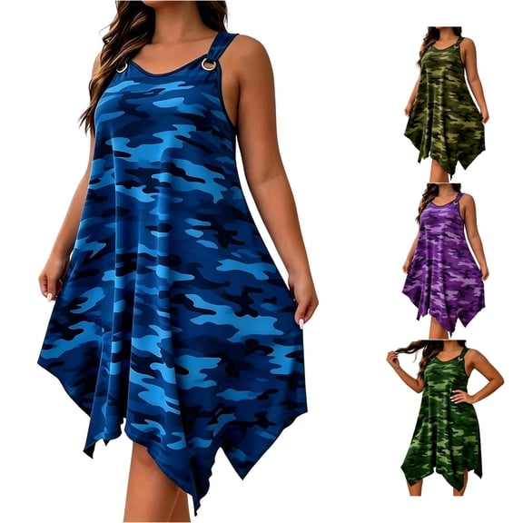 NinXxx Women‘s Square Neck Sleeveless Camo Dress Loose Casual Tunic Sundress Blue XL
