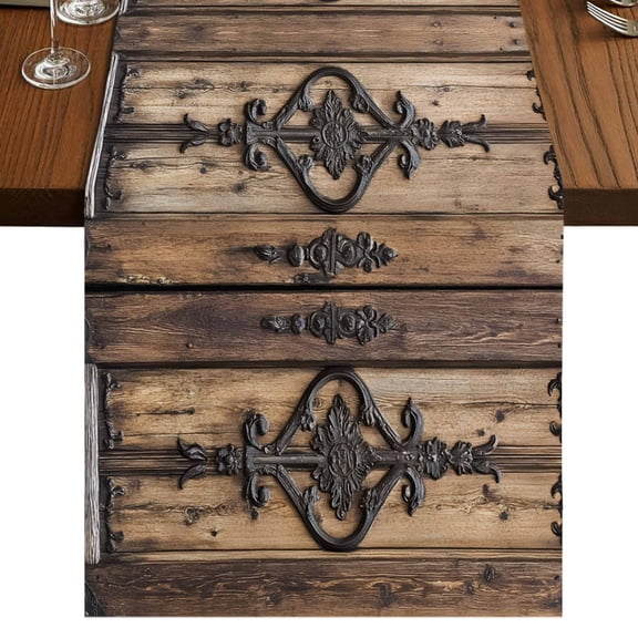 Wooden Plank 60 Inch Table Runner, Rustic Farmhouse Brown Black Barn Door Farmhouse Dresser Scarf Cotton & Linen Tablerunner for Dining/Kitchen Island/Holiday Party Décor 13" x 60"