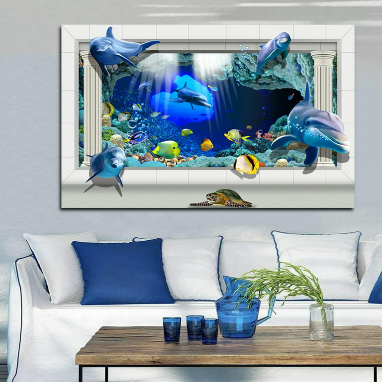3D Dolphin Fish Swim Out of Window Canvas Art Creative Turtle Picture Wall  Art Framed Undersea Fish Painting Wall Decor For Home Office Bedroom Reeady  to Hang 