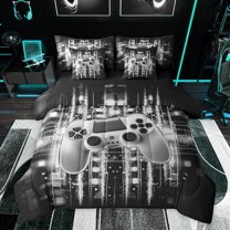 Feelyou Grey Gamepad Gaming Bedding Comforter Set 7pcs for Kids, Fashion Game Console Queen Bedding Sets, Futuristic Stripes Lines Reversible Queen Sheet Sets, Lightweight Room Decor