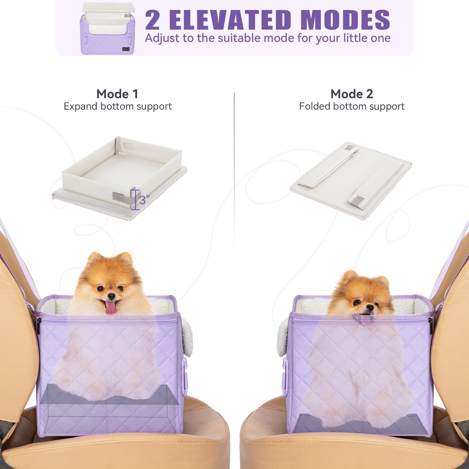 PETSFIT Small Dog Car Seat, Puppy Portable Dog Booster seat for Car with Clip-On Leash, Adjustable Straps Suitable for Small Pets Up to 25lbs (Lavender Purple)