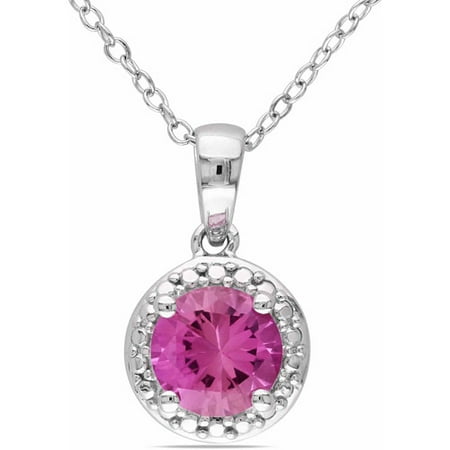 1-5/8 Carat T.G.W. Created Pink Sapphire Sterling Silver Halo Pendant, 18