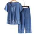 thumbnail image 3 of Women’s 2 Piece Linen Outfits Short Sleeve Floral Print Lounge Sets Crewneck Summer Suits, 3 of 3