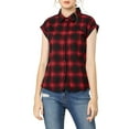thumbnail image 6 of MODA NOVA Juniors Point Collar Short Cap Sleeves Plaids Button Down Shirt, 6 of 7