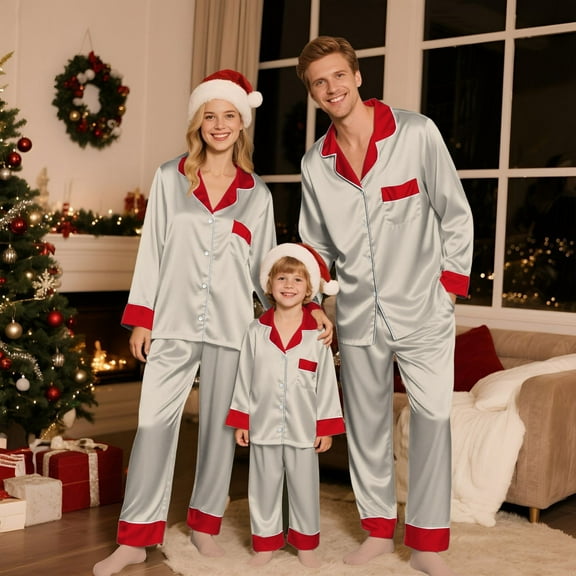 GILIGEGE Matching Couple Christmas Pajamas Set Satin Long Sleeve Button-Down Sleepwear Family Festival Party Xmas Pjs Sets Christmas Pajamas for Men Beige L