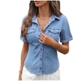 thumbnail image 2 of FNFYFH Womens Short Sleeve Button Down Shirt Slim Fit Denim Shirts Casual Western Outfit Streetwear, 2 of 8