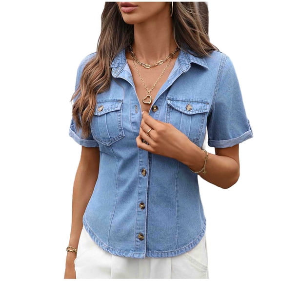 HADST Denim Cap Sleeve Tops for Women Button Down Shirts Summer Business Casual Blouse Dressy Lapel