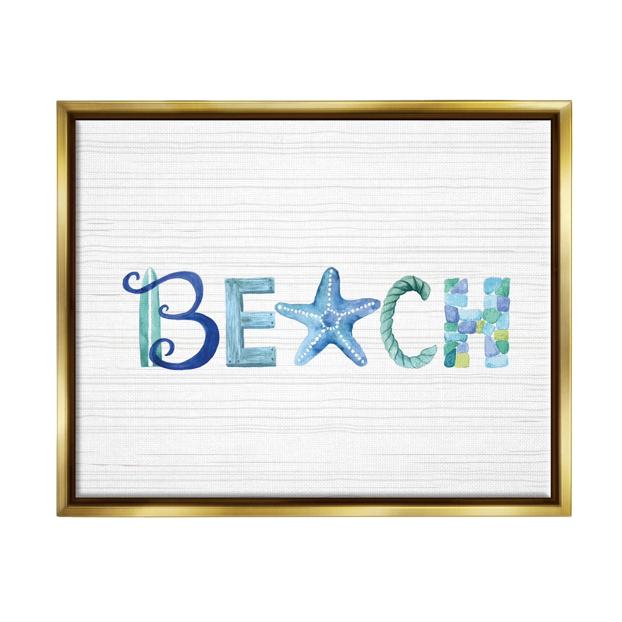 Stupell Industries Beach Letters Typography Sea Life Pebbles Rope Graphic Art Metallic Gold Floating Framed Canvas Print Wall Art, Design by Sharon Lee