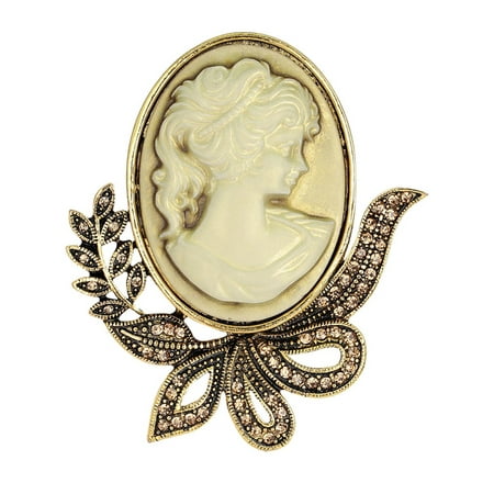 Floral Cameo Pin - Bow Antique Gold Victorian Lady Brown Crystal Cameo Brooch Pin Choker BROOCH-12