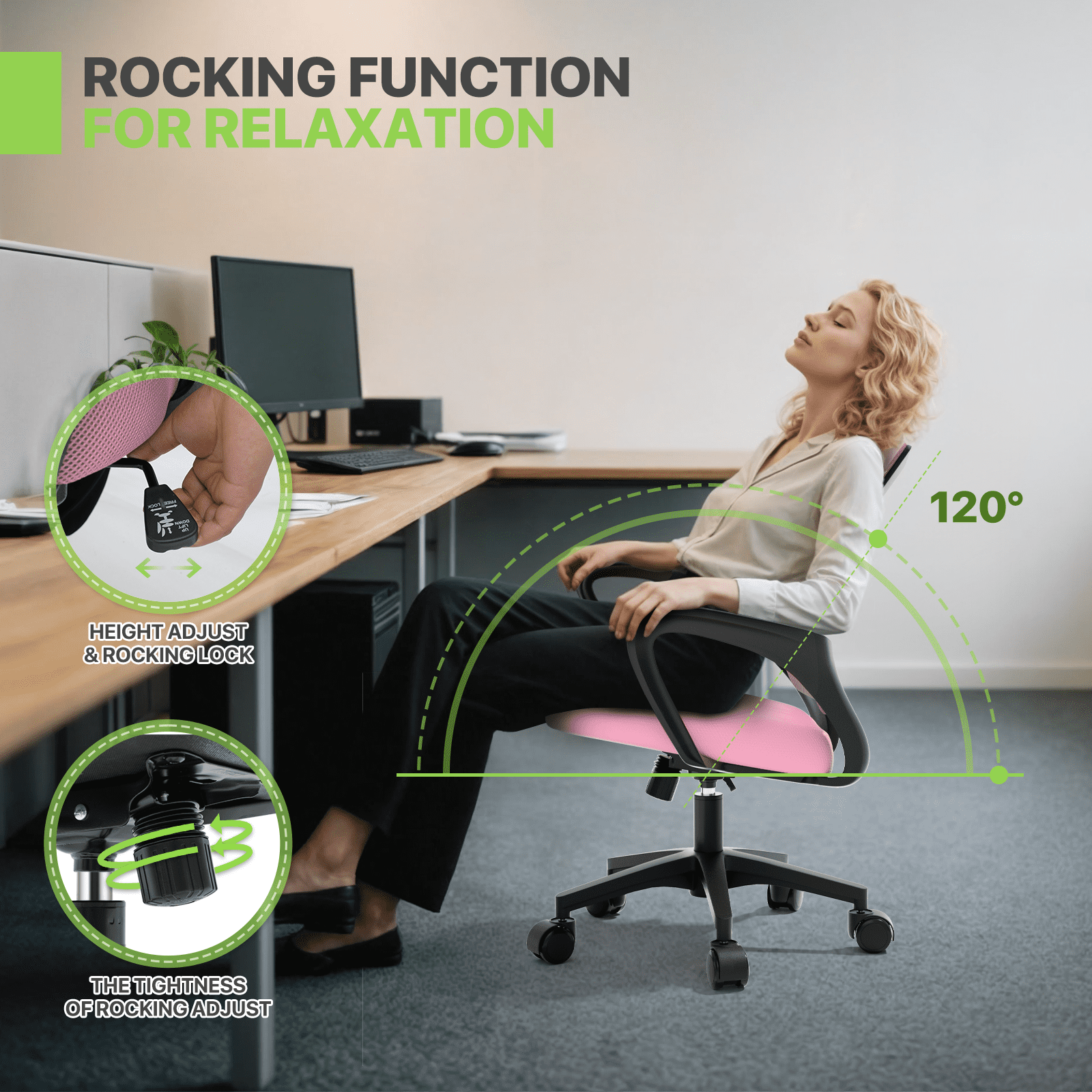 Magshion Set of 2 Office Chairs Mid Back Swivel Desk Chairs, Height Adjustable Ergonomic Mesh Computer Chairs with Armrest & Lumbar Support, Pink