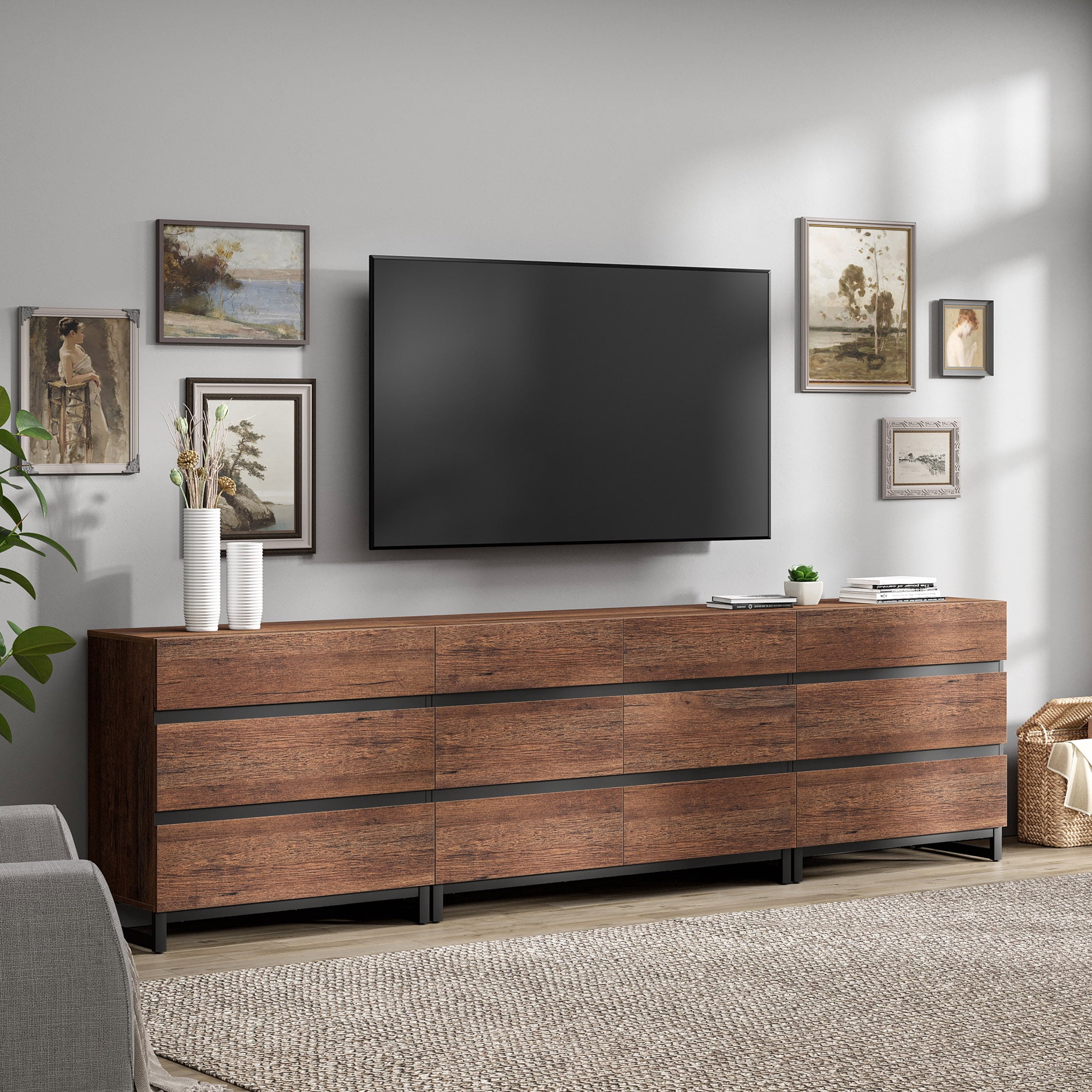 Modern TV Stand For Tvs Up To 120 Inches, 3 In 1 TV Console With 12 Drawers, Media Console With Adjustable Shelf For Living Room,Brown