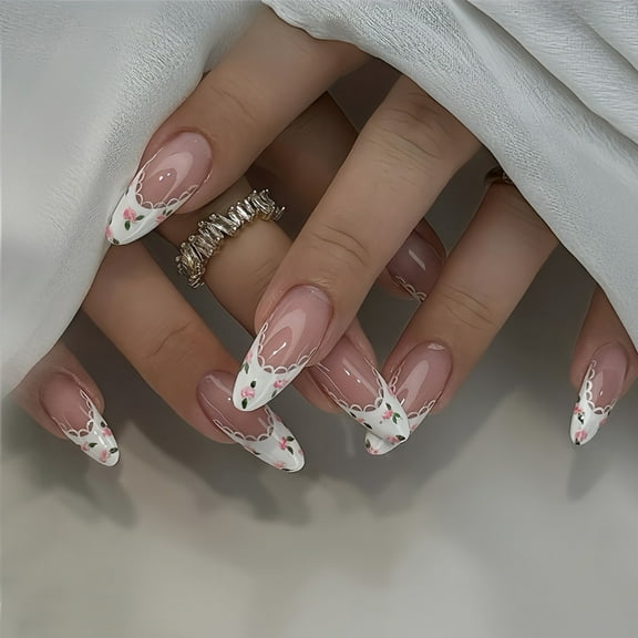 Drop - shaped Nails - Simple White French Style Nail Art Stickers with Green Leaves and Pink Flowers