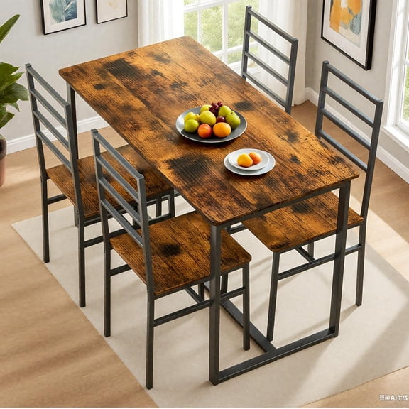 5-Piece Dining Table Set with Metal Frame and MDF Top, Kitchen Table and 4 Chairs Dining Set for 4 People, Dark Walnut