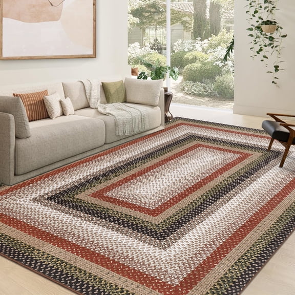 Hasoo 10' x 13' Area Rug Geometric Low Pile Carpet for Dorm Dining Room Home Decor Braided Texture Bordered Indoor Rug, Black Red