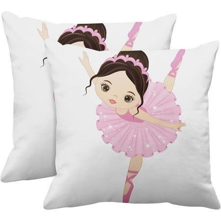 

Set of 2 Throw Pillow Cover Ballet Cute Little Ballerina Dancing Girl in Pink Dress Cartoon Decorative Pillow Case Home Decor Square 16x16 inches Pillowcase