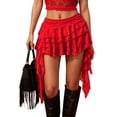 thumbnail image 2 of Unir Women Multi-Layer Floral Lace Ruffle Mini Skirt Wide Elastic Waist Irregular Asymmetrical Side Drape Western Festival Casual Short Bottom 1PC XS-L Plus Size Friendly, 2 of 5