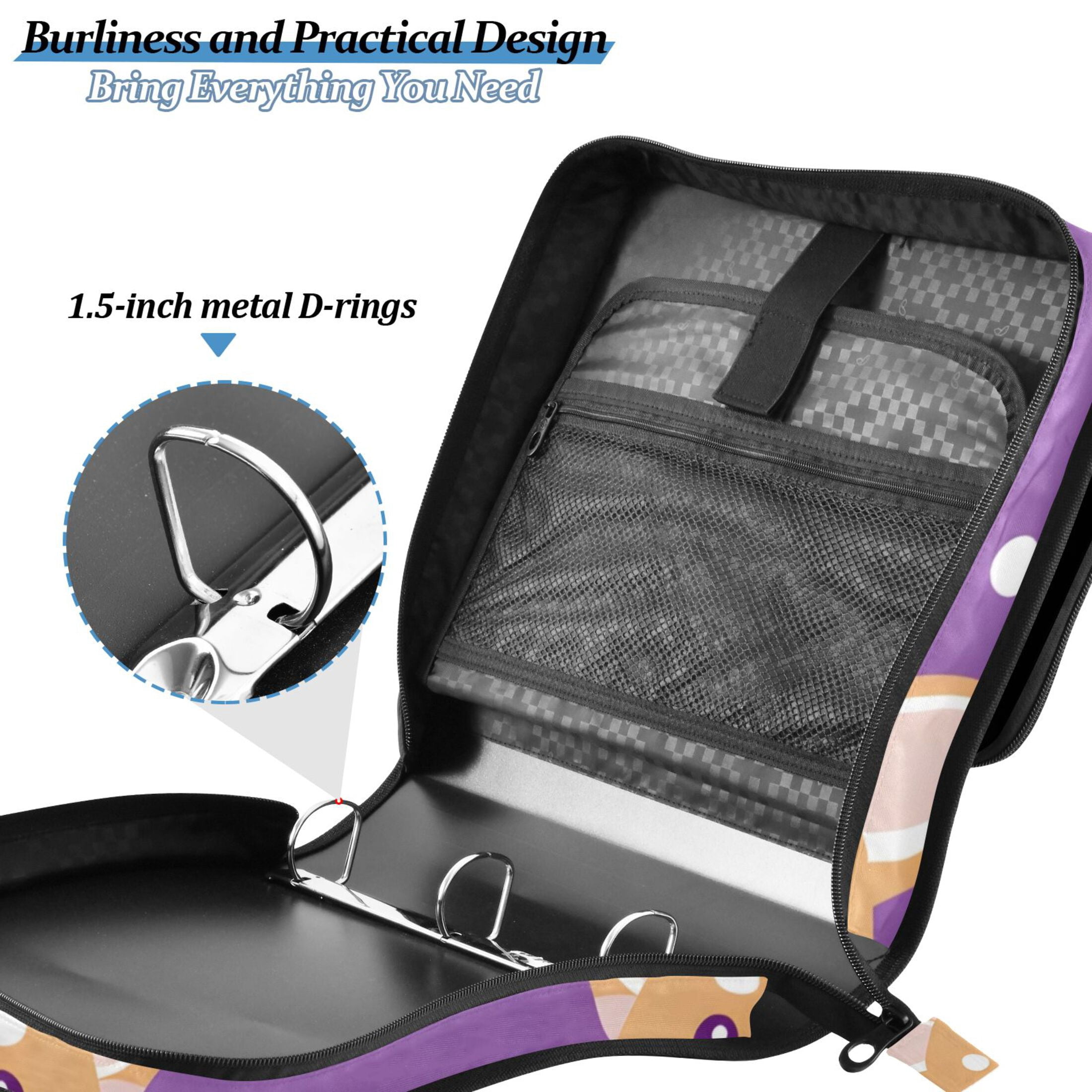 3 Ring Zipper Binder with Shoulder Strap Waterproof Trapper Keeper 2 Inch D-Ring 500 Sheets Capacity Corgi Dog Faces