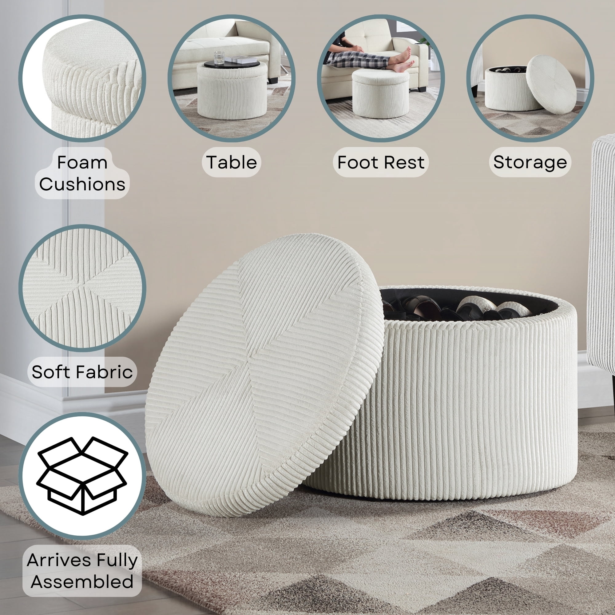 Convenience Concepts Designs4Comfort Round Corduroy Shoe Storage Ottoman with Reversible Tray Table Lid, Ivory