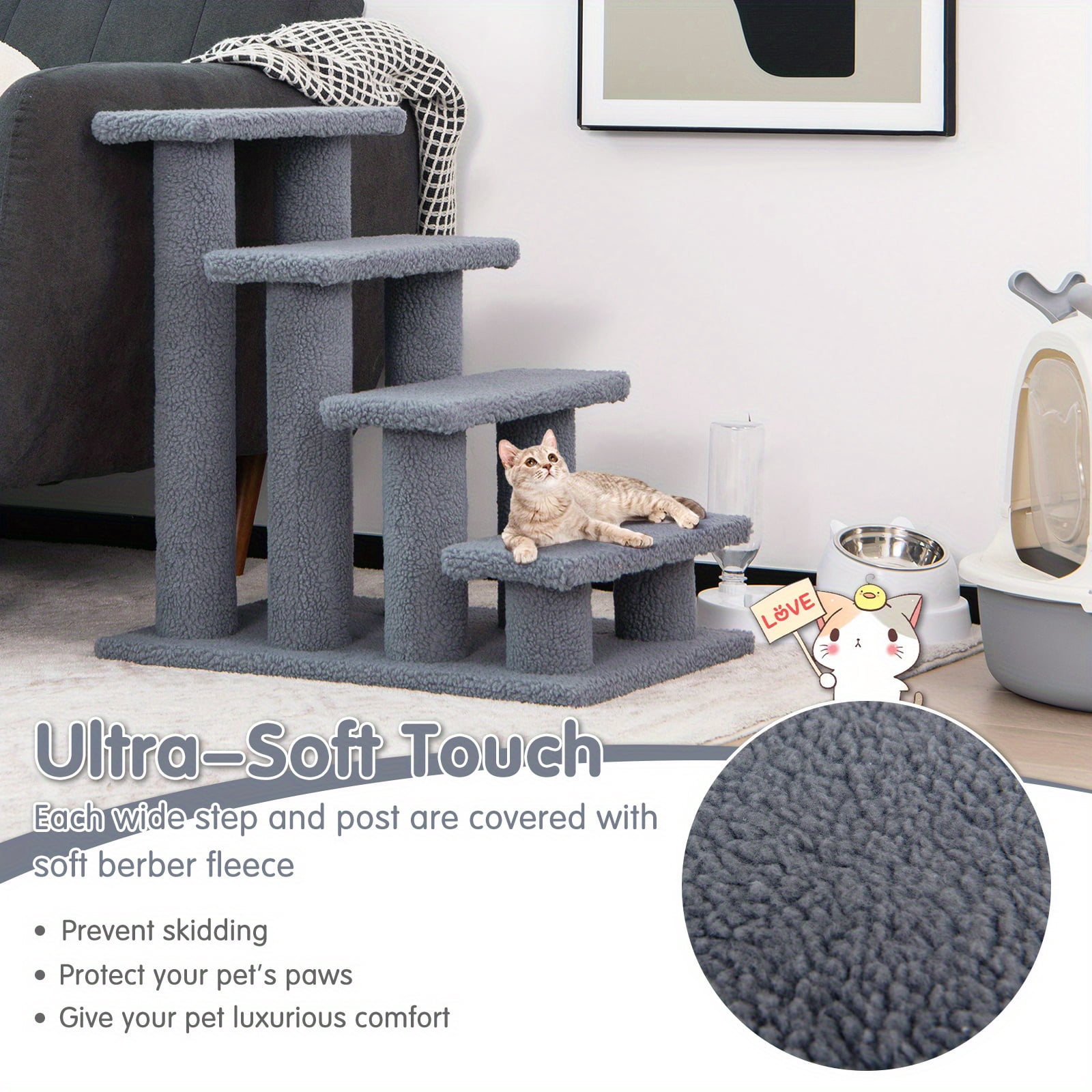 FANRUINA 24" 4-Step Pet Stairs Carpeted Ladder Ramp 8 Scratching Post  Tree Climber