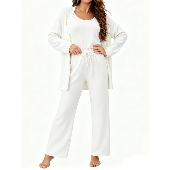 Women 3 Piece Lounge Sets Long Sleeve Cardigan & Crop Top & Wide Leg Pants Loungewear Set