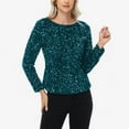 thumbnail image 2 of Women's Long Sleeve Sequin Top Round Neck Sparkle Blouse- Small, Teal, 2 of 6