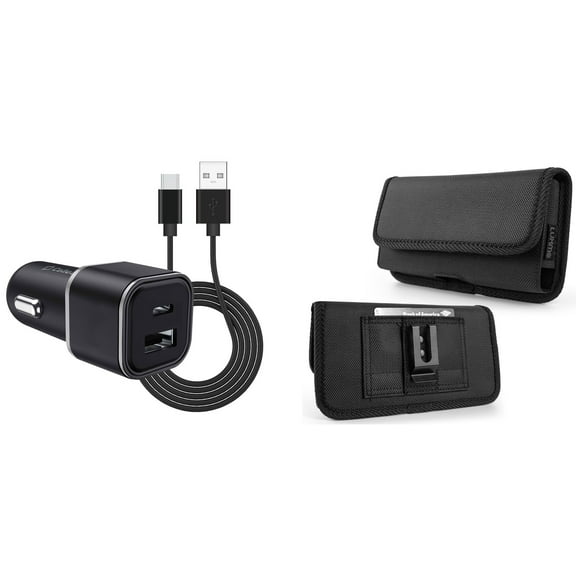 Pouch and Car Charger Bundle for OnePlus 10T 5G: Horizontal Rugged Nylon Belt Holster Case (Black) and Compact High Power 30W Dual USB Port (Type-C & USB-A) Auto Power Adapter