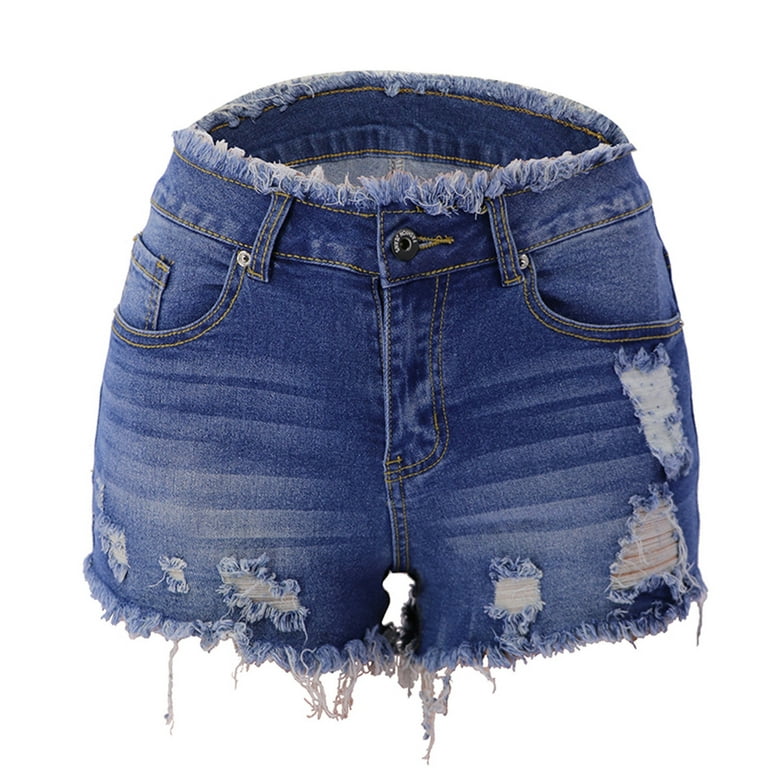 Finelylove Jeans Shorts For Women Scrunch Butt Shorts Jean Mid Waist Rise  Solid Blue XL