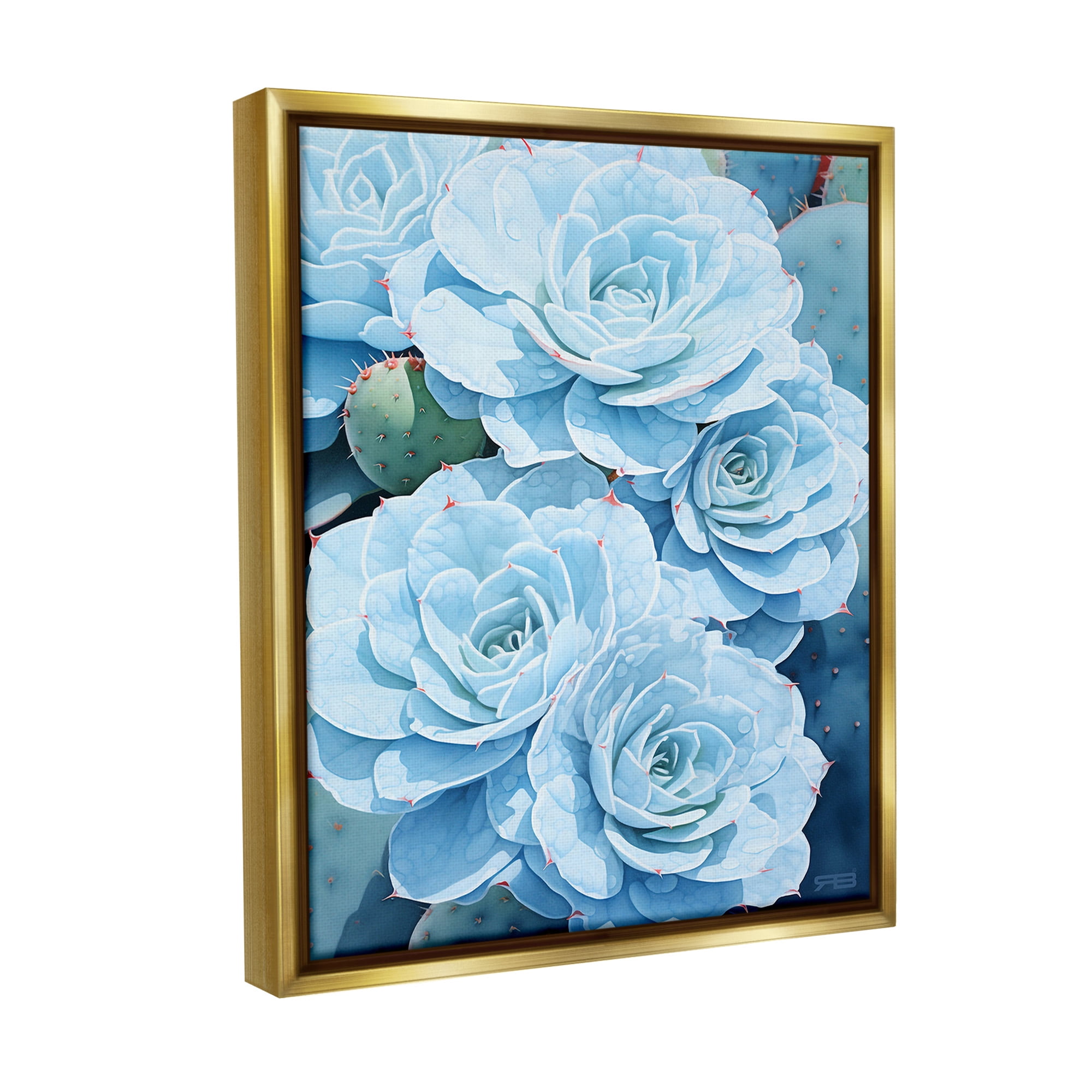 Stupell Industries Detailed Blue Succulents Botanical & Floral Painting Gold Floater Framed Canvas Art Print Wall Art, 17 x 21