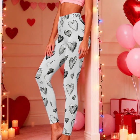 Fengqque Womens Valentine's Day Heart Printed High Waist Workout Leggings Tummy Control Running Sports Yoga Pants White XL(XL)