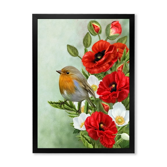 Designart 'Red Poppies and White Anemones With Yellow Bird' Traditional Framed Art Print