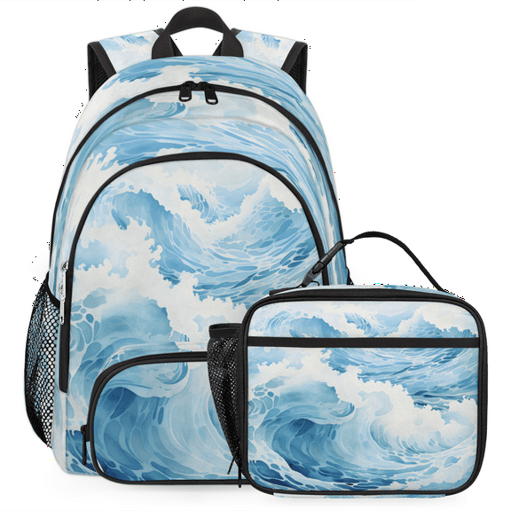 Herdesigns Ocean Waves Backpack with Lunch Box Blue Lightweight Large Travel Work Laptop Backpacks Set Casual Daypacks
