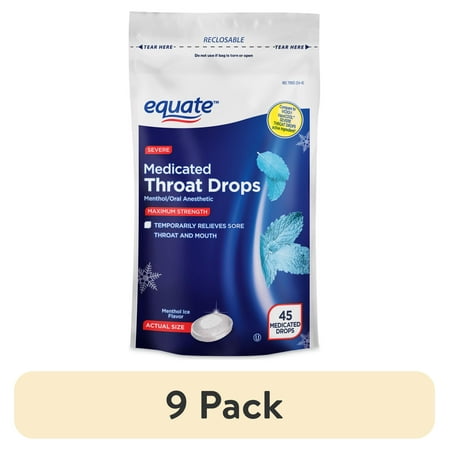 (9 pack) Equate Severe Medicated Menthol Throat Drops, Menthol Ice Flavor, 45 Count, Compare to VICKS® VapoCOOL™ SEVERE THROAT DROPS Active Ingredient