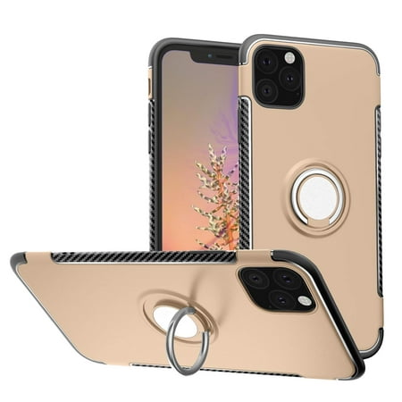 Mignova iPhone 6.1 inch 2019 case,TPU + PC Mixed Double case Full Body Heavy Duty Protection 360 Rotating Metal Hidden Ring Bracket(Gold)