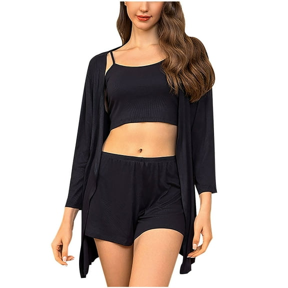 Tnhcen Women's 3 Piece Soft Knit Lounge Pajama Sets Cardigan Loungewear Robe Tank Top and Shorts Pjs Set Sexy Nightwear Lounge Homewear S-2XL