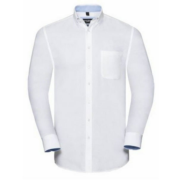 Russell - Camisa de Manga Larga para Hombre (Blanco, Azul Oxford)