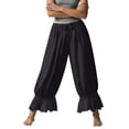 thumbnail image 5 of Women Linen Lace Trim Long Bloomers Pants Ruffle Victorian Vintage Pantaloons Summer Beach Travel Vacation Pants Black M, 5 of 6