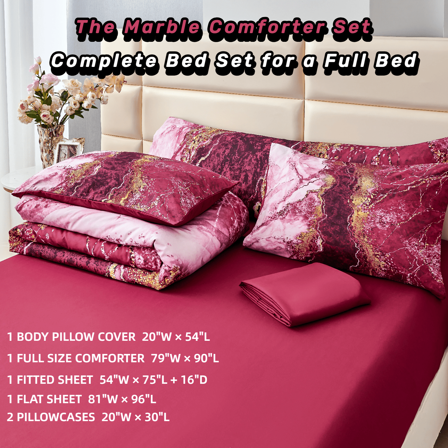 PERFEMET Burgundy Full Size Comforter Set for Women Men 6-Piece Marble Bed in a Bag Bedding Comforter Set for All Season