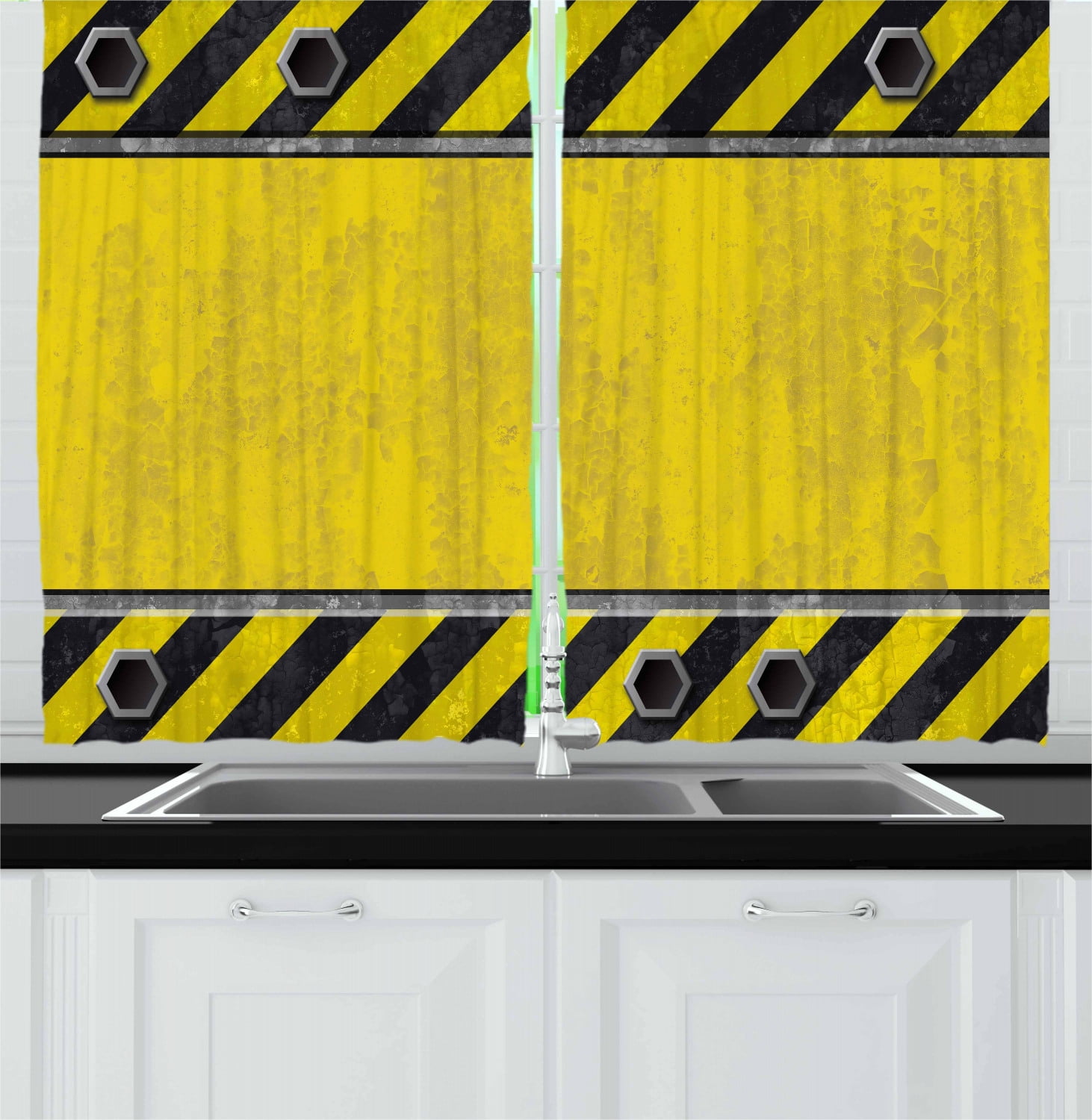 Construction Curtains 2 Panels Set, Under Construction Design Rusty Grunge Working Site Sign Rough Display, Window Drapes for Living Room Bedroom, 55W X 39L Inches, Yellow Green Black, by Ambesonne