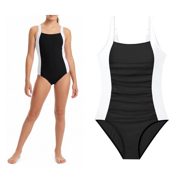 Girls 1 Piece Swimsuits Ruched Swimming Suits Quick Dry Swimwear Color Block Athletic Girls Swimsuit Size 11-12 Years
